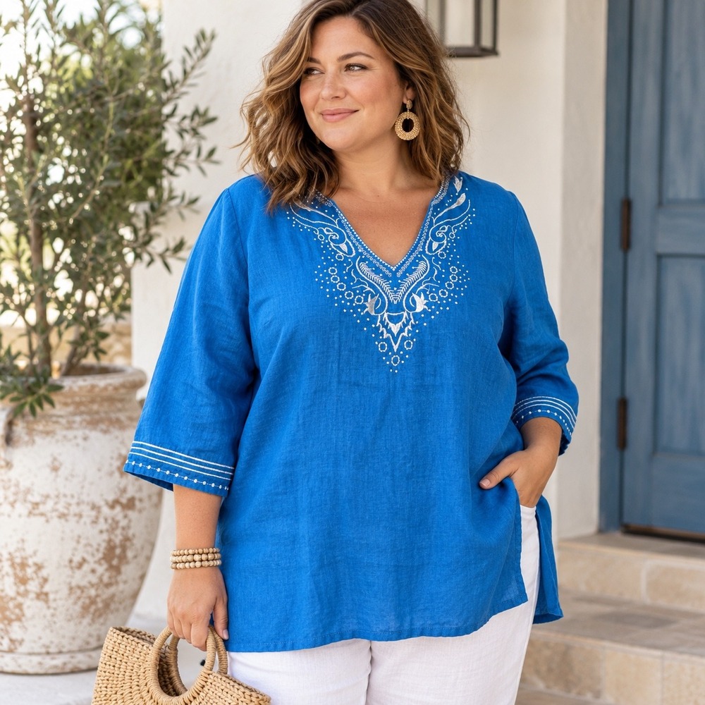 Saint Tropez West Linen Tunic 2X Blue Embroidered Boho Coastal Resort Top